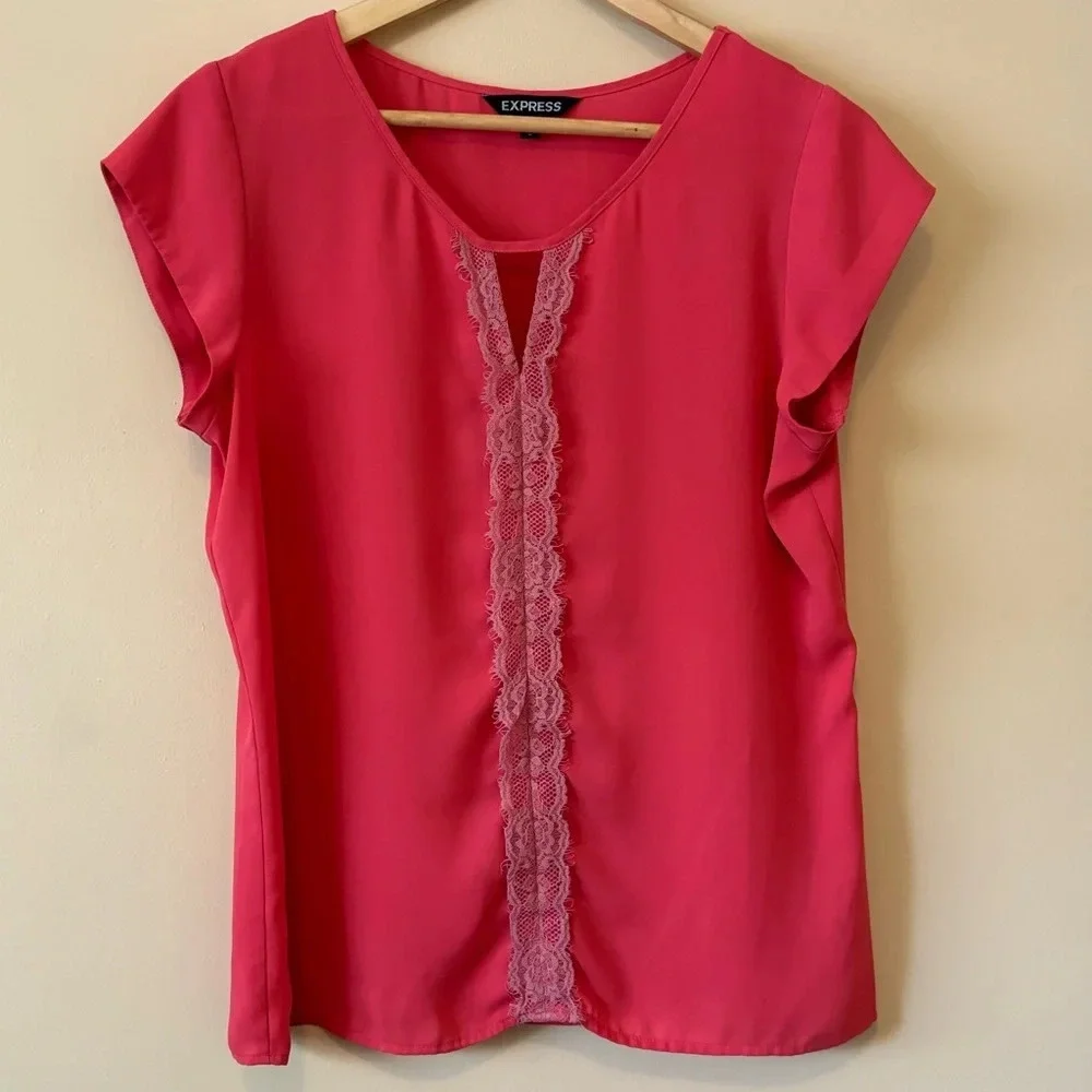 EXPRESS| Pretty Pink Flowy Cap Sleeve Flowy Lace Trim Top Shirt Sz M - Picture 2 of 10